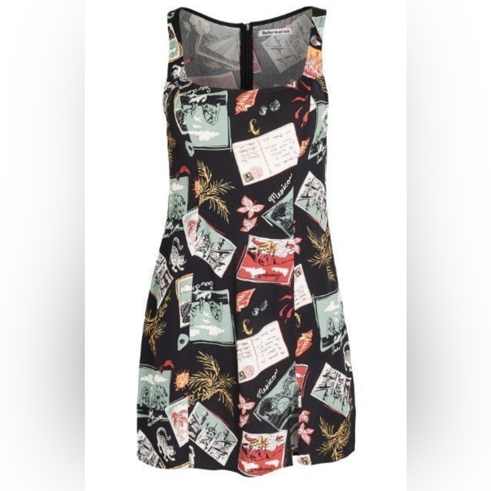 Reformation Noha dress with the slit vacation Mexico postcard newspaper print